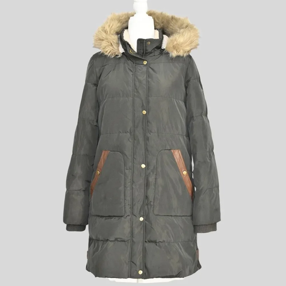 RALPH LAUREN Women's Faux-Fur-Trim Hooded Moss Green Coat Size M